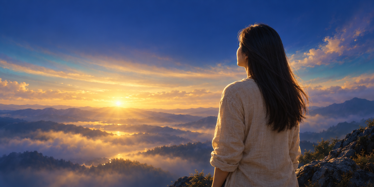 A woman stands at a mountain overlook at sunrise, looking out over mist-filled valleys.